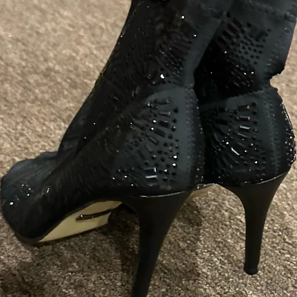 Lauren Lorraine Emma Black Sequin Rhinestone Peep-Toe Stiletto Heel Bootie 8M - Picture 4 of 7